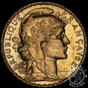 Moneda de Oro 20 Francos Franceses Marianne Gallo – Francia – 1899 a 1914 - Reverso