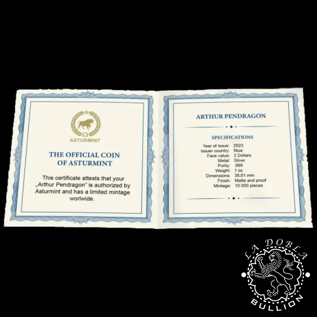 2023 - 1 Onza de Plata Proof - Camelot - Arturo Pendragon - Niue_interior CoA2023 - 1 Onza de Plata Proof - Camelot - Arturo Pendragon - Niue_interior CoA