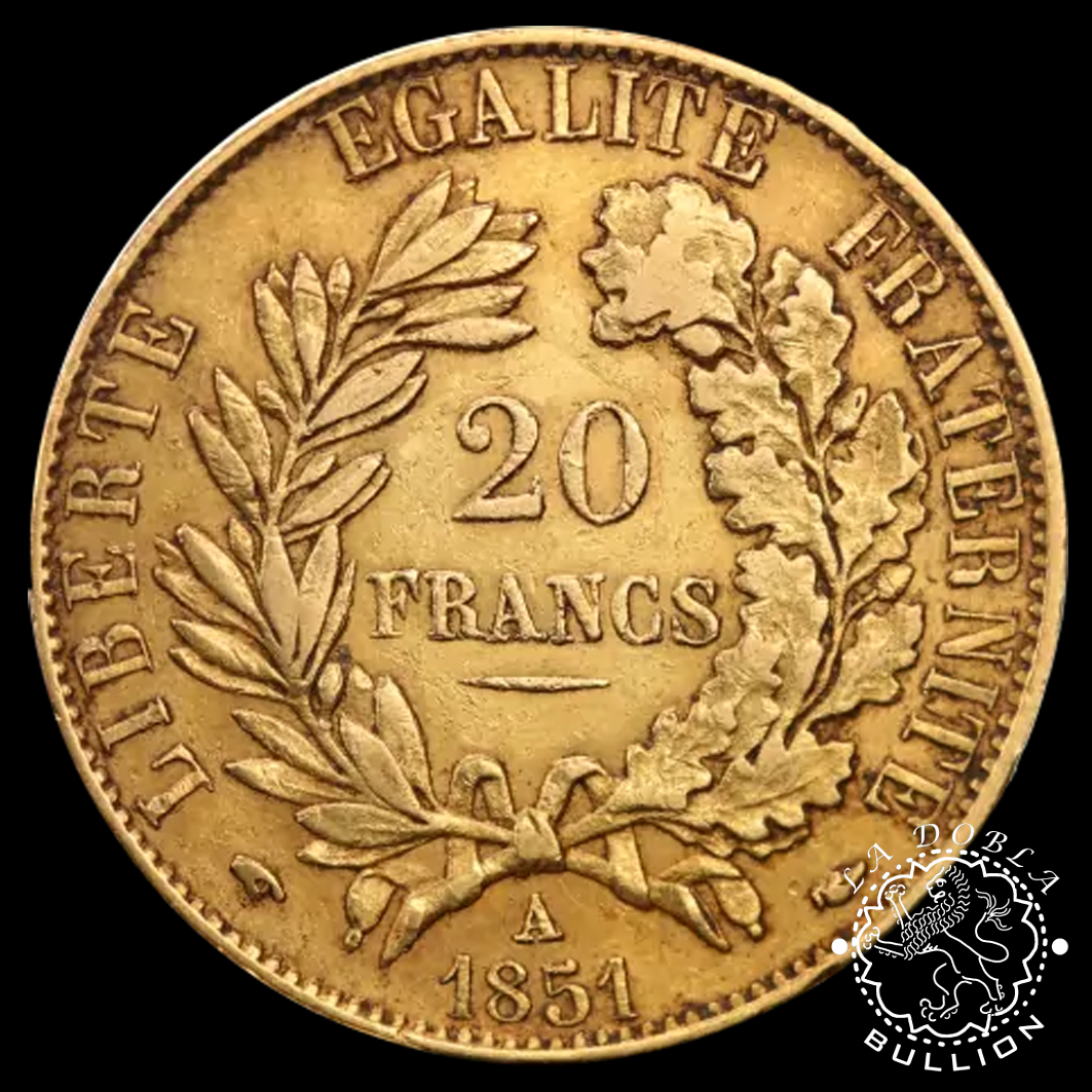 Moneda de Oro 20 Francos Franceses Ceres - 1848 a 1852 - Reverso