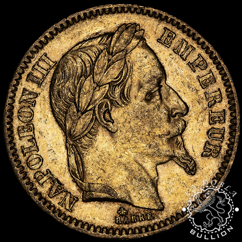 Moneda de Oro 20 Francos Franceses Napoleon III – Francia – 1852 a 1870 - Anverso