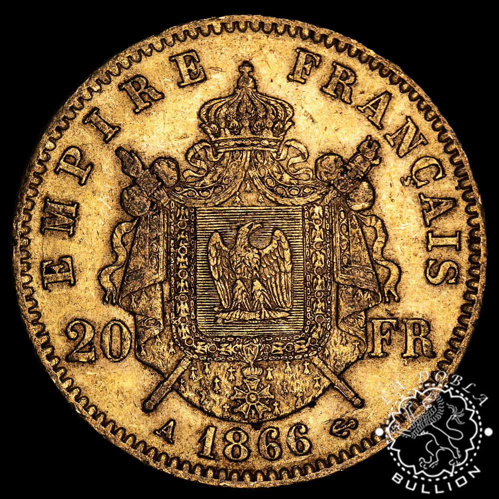 Moneda de Oro 20 Francos Franceses Napoleon III – Francia – 1852 a 1870 - Reverso