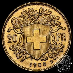 Moneda de Oro 20 Francos Suizos Vreneli – Suiza – 1897 a 1949 - Reverso