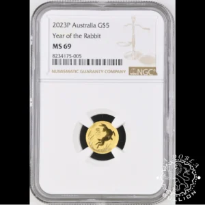 Moneda de Oro Serie Lunar III Conejo Veinteavo oz BU - Australia - 2023 - NGC MS69 - Reverso Encapsulado