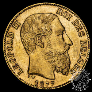 Moneda de Oro 20 Francos Belgas Leopoldo II – Bélgica – 1876 a 1882 - Anverso