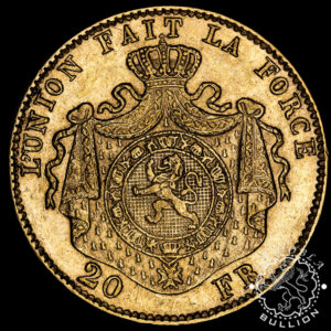 Moneda de Oro 20 Francos Belgas Leopoldo II – Bélgica – 1876 a 1882 - Reverso