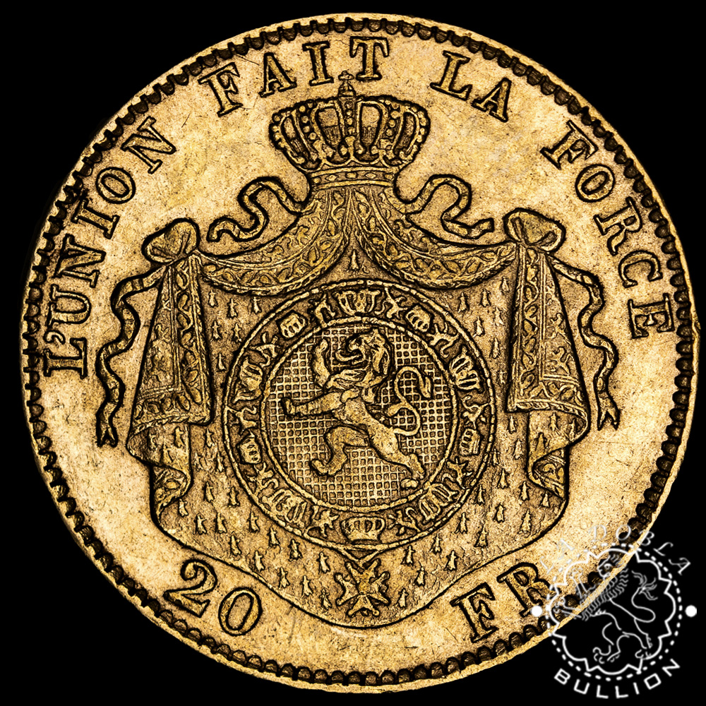 Moneda de Oro 20 Francos Belgas Leopoldo II – Bélgica – 1876 a 1882 - Reverso