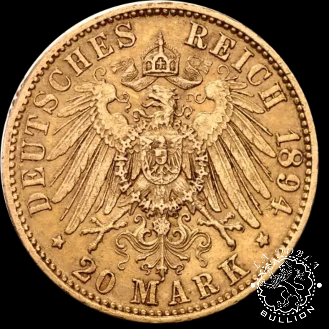 Moneda de Oro 20 Marcos Alemanes Guillermo II - Prusia - 1888-1913 - Reverso
