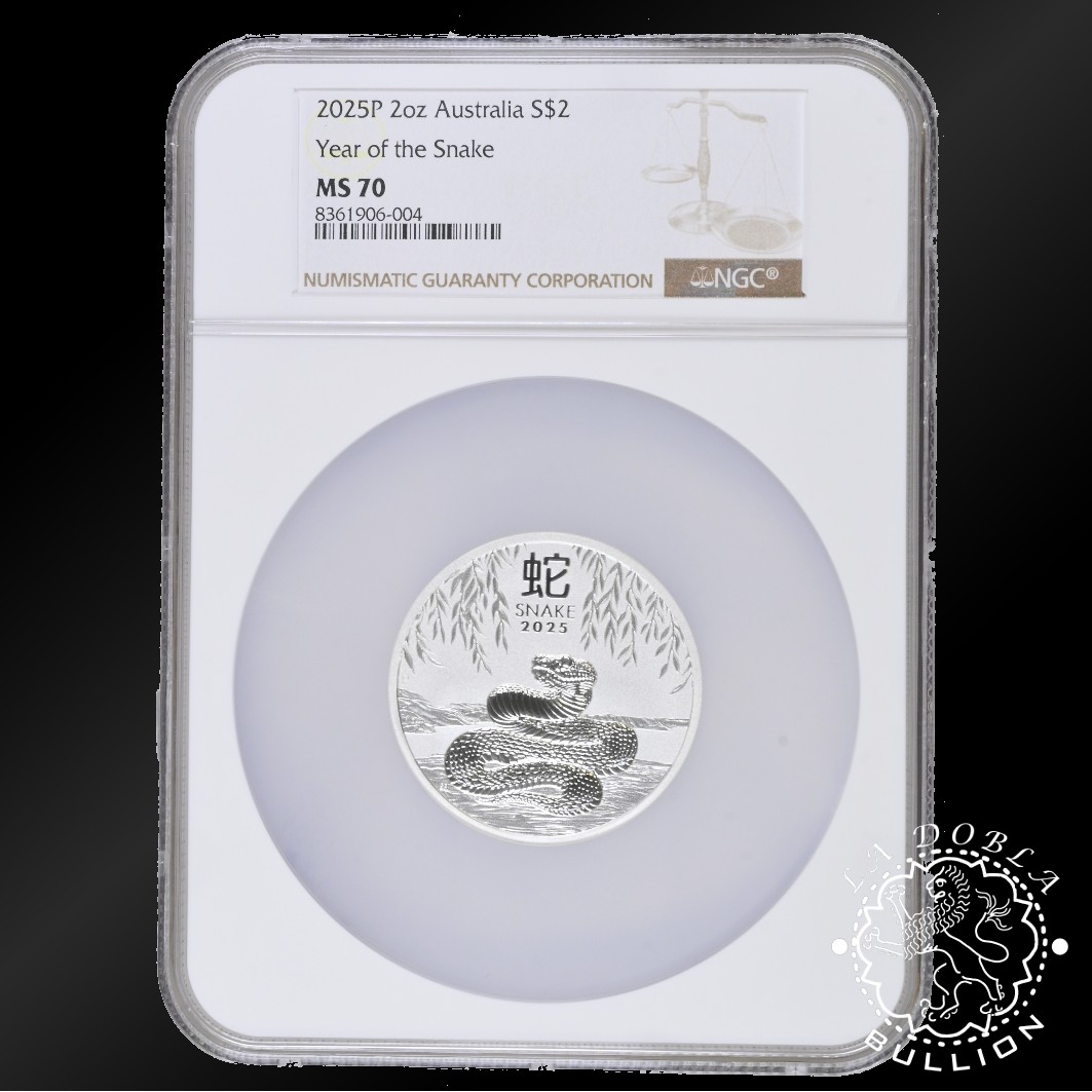 Moneda de Plata Serie Lunar III Serpiente 2oz BU - Australia - 2025 - NGC MS70 - Reverso