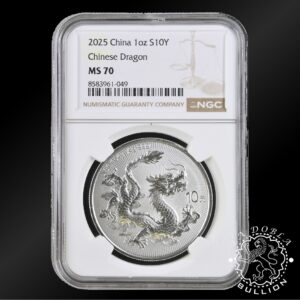 Moneda de Plata Dragón 1 oz BU - China - 2025 - NGC MS70 - Anverso