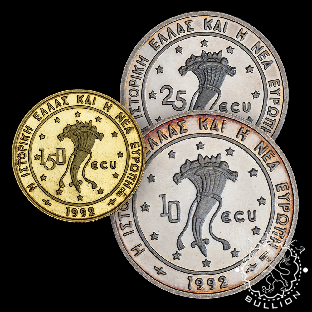Estuche 3 Piezas - Moneda de Oro 150 ECU + 2 Monedas de Plata - Grecia - 1992 - Recomprada