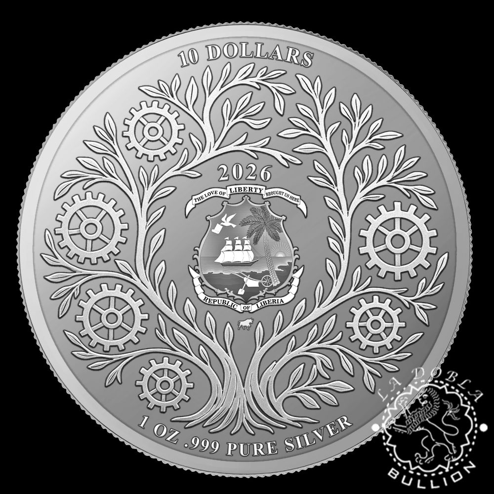 Moneda de Plata Mechanical Forest Pájaro 1 oz Proof - Liberia - 2026 - Anverso