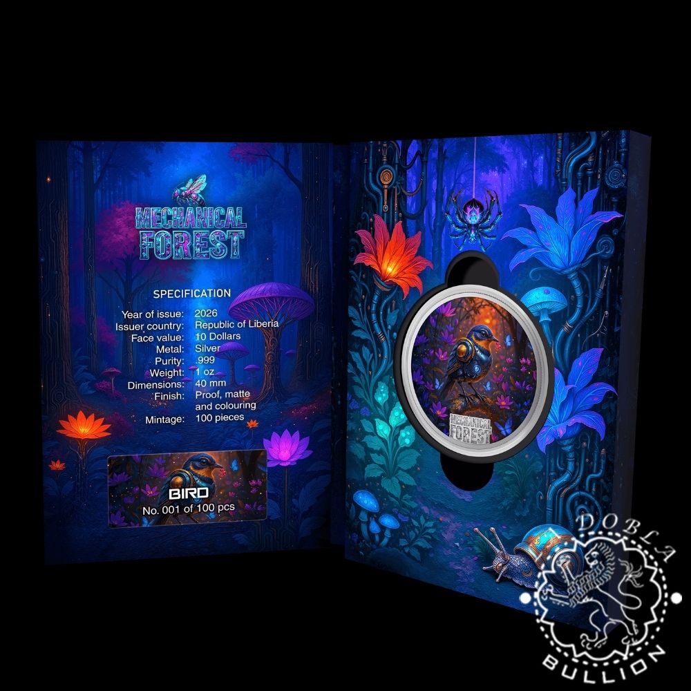 Moneda de Plata Mechanical Forest Pájaro 1 oz Proof - Liberia - 2026 - Estuche Intero