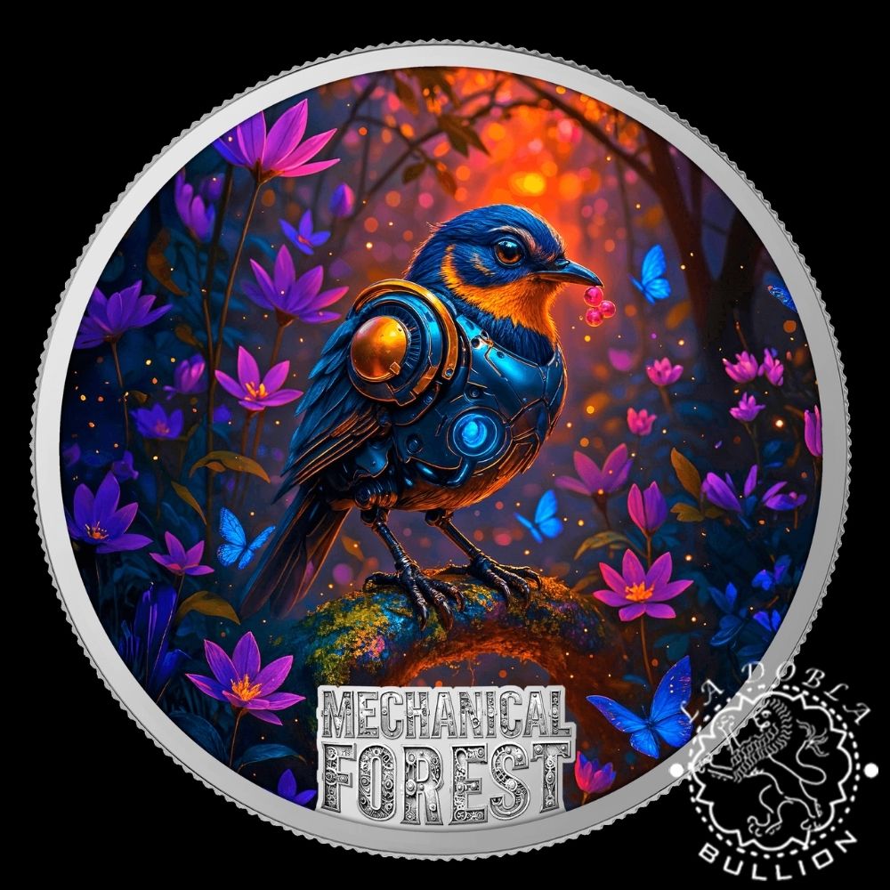 Moneda de Plata Mechanical Forest Pájaro 1 oz Proof - Liberia - 2026 - Reverso