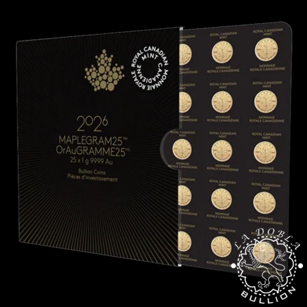 Moneda de Oro Maple Leaf 25 x 1g BU - Maplegram - Canadá - 2026 - Blister Delante