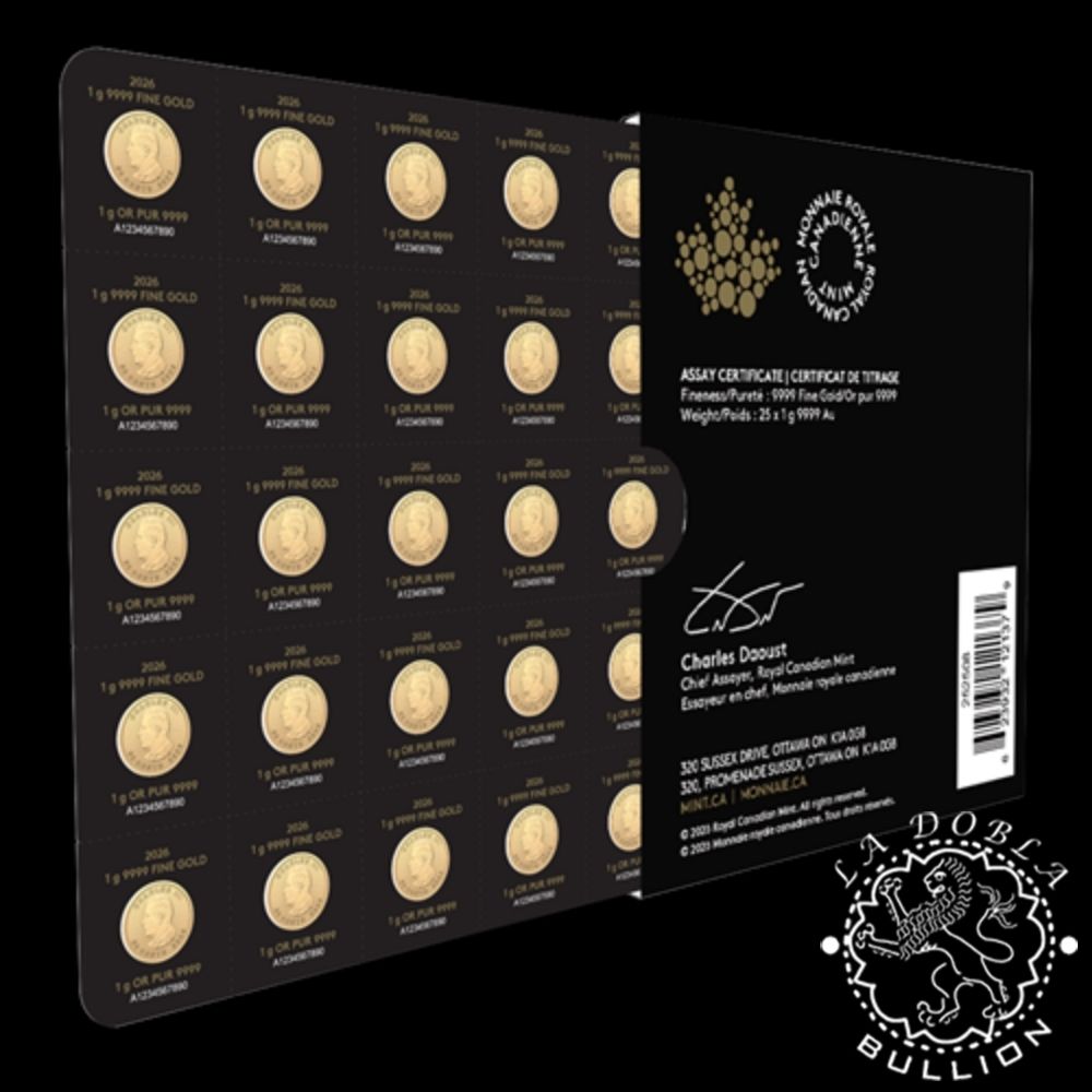 Moneda de Oro Maple Leaf 25 x 1g BU - Maplegram - Canadá - 2026 - Blister Detrás